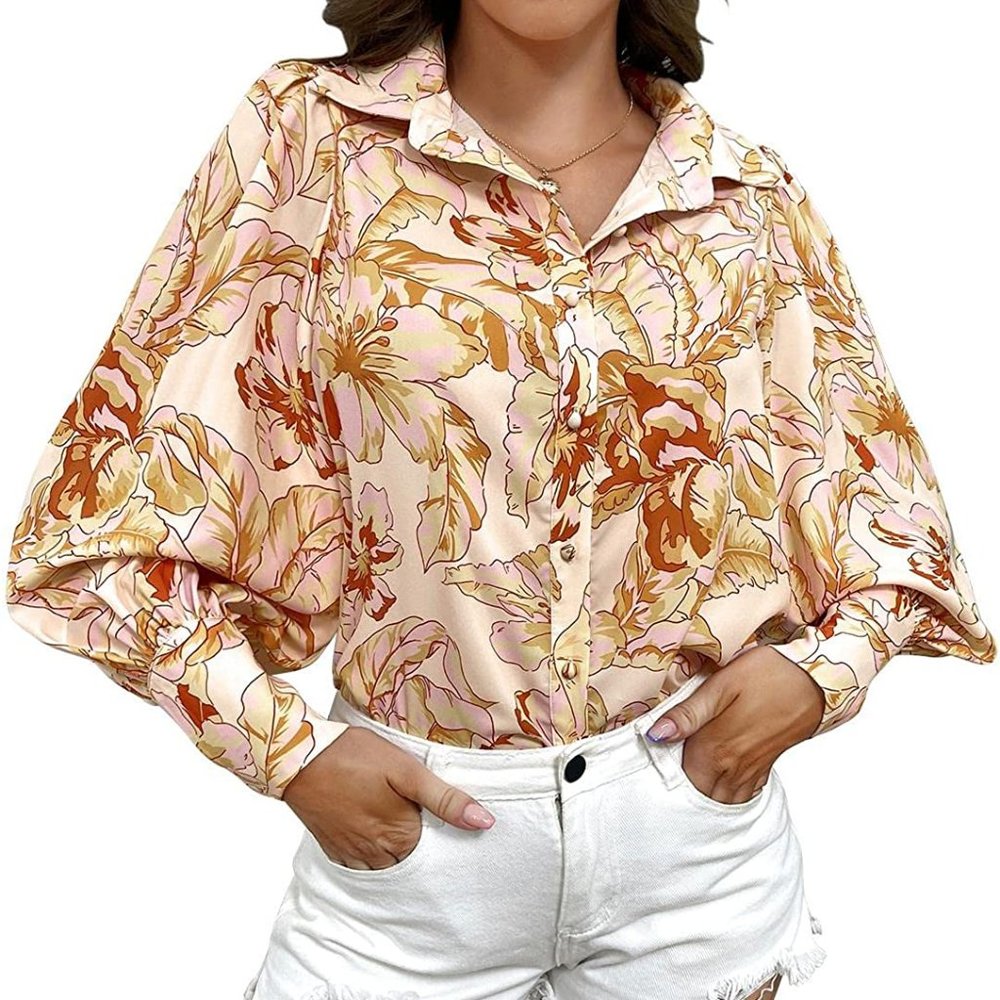 Women Summer Vacation Shirts Puff Long Sleeve Button Floral Loose Chiffon Tops